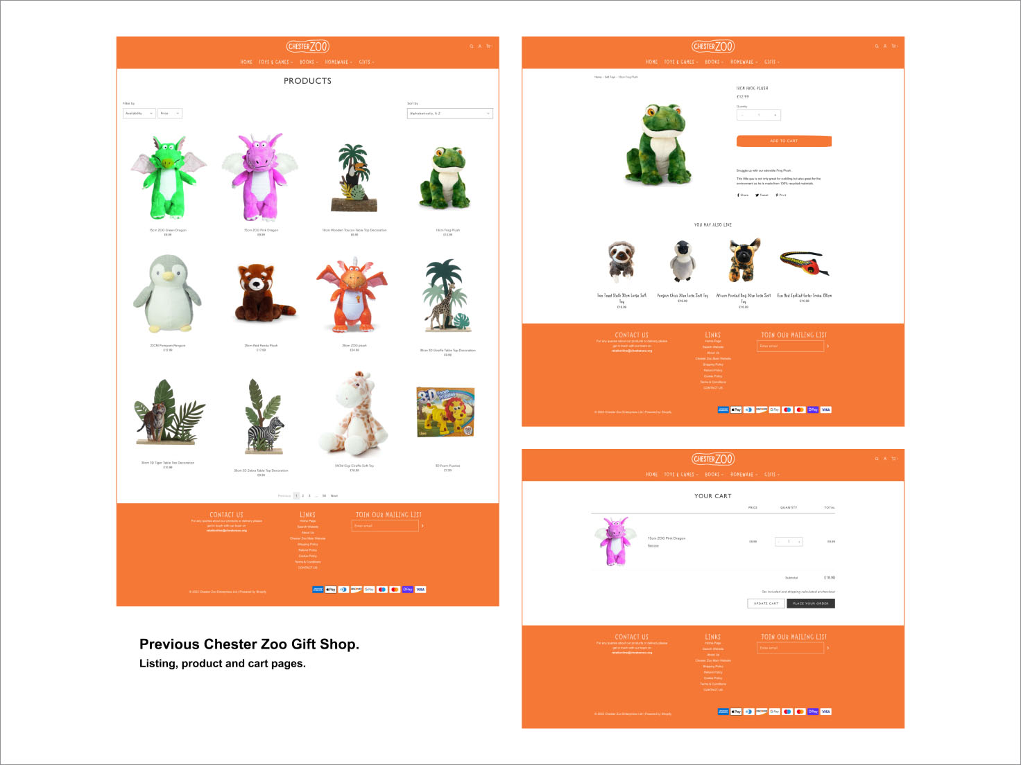 Previous Chester Zoo Gift Shop Shopify web designer review of listing, product and cart pages. 