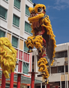 A yellow Chinese dragon puppet in a parade in a street