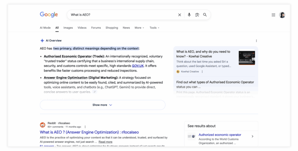Example of a Google answer snippet